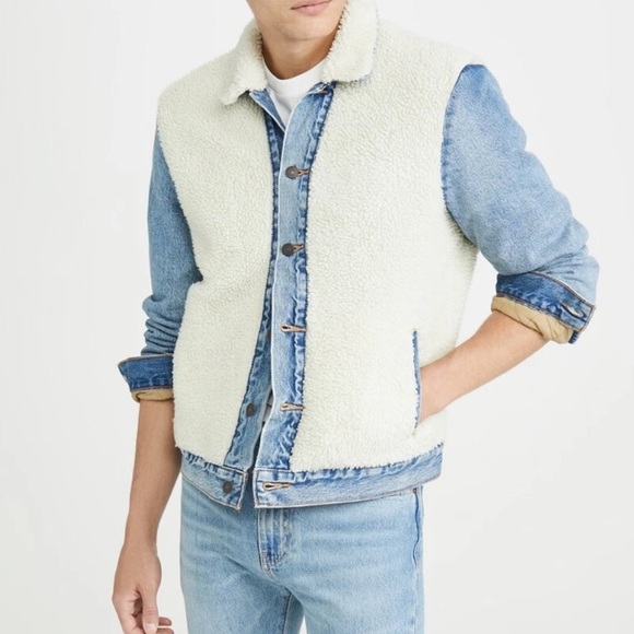 Levi’s Premium Sherpa Panel Trucker Denim Jacket Medium Blue Wash Size M - Picture 1 of 11